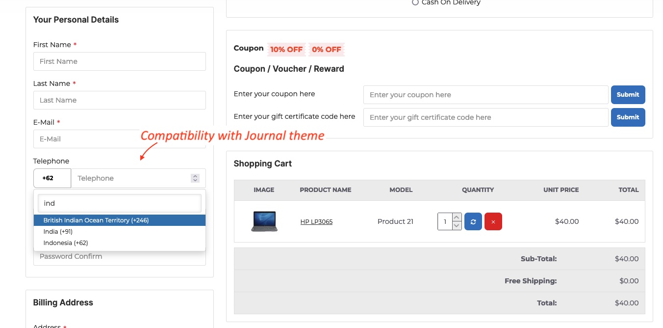 select country code on journal quick checkout opencart